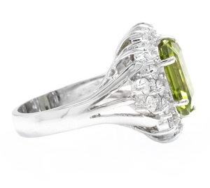 6.20 Carats Natural Peridot and Diamond 14k Solid White Gold Ring