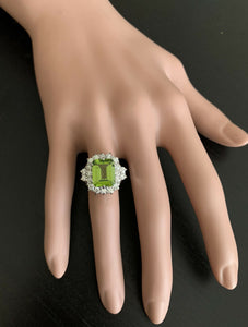 6.20 Carats Natural Peridot and Diamond 14k Solid White Gold Ring