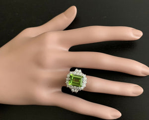 6.20 Carats Natural Peridot and Diamond 14k Solid White Gold Ring