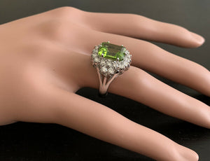 6.20 Carats Natural Peridot and Diamond 14k Solid White Gold Ring