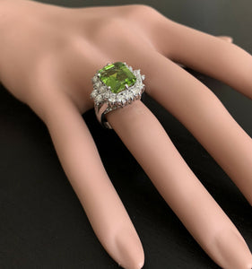 6.20 Carats Natural Peridot and Diamond 14k Solid White Gold Ring