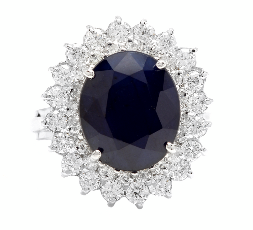 8.40ct Natural Blue Sapphire & Diamond 14k Solid White Gold  Ring