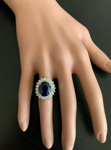 8.40ct Natural Blue Sapphire & Diamond 14k Solid White Gold  Ring