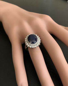 8.40ct Natural Blue Sapphire & Diamond 14k Solid White Gold  Ring