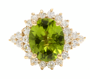 4.35 Carats Natural Peridot and Diamond 14k Solid Yellow Gold Ring