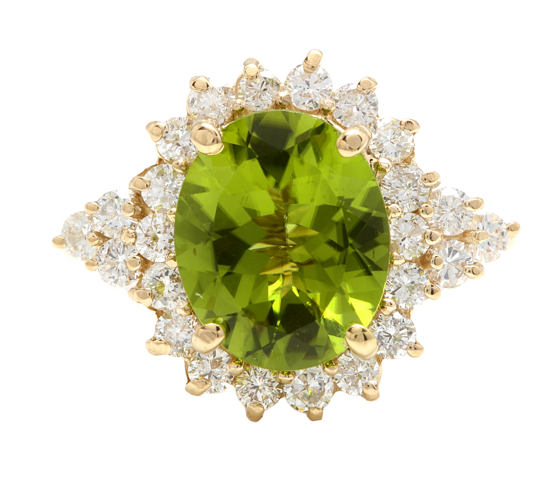 4.35 Carats Natural Peridot and Diamond 14k Solid Yellow Gold Ring