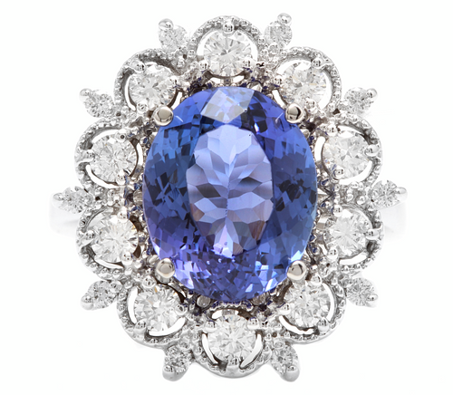 6.30 Carats Natural Tanzanite and Diamond 14k Solid White Gold Ring