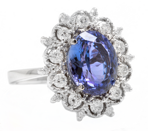 6.30 Carats Natural Tanzanite and Diamond 14k Solid White Gold Ring