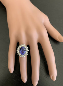 6.30 Carats Natural Tanzanite and Diamond 14k Solid White Gold Ring