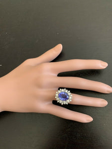 6.30 Carats Natural Tanzanite and Diamond 14k Solid White Gold Ring