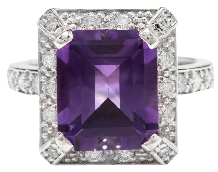 6.05 Carats Impressive Natural Amethyst and Diamond 14K White Gold Ring