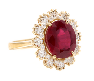 7.20 Carats Natural Red Ruby and Diamond 18k Solid Yellow Gold Ring