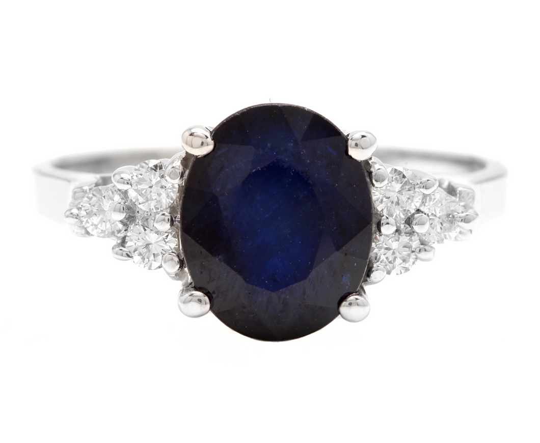5.75ct Natural Blue Sapphire & Diamond 14k Solid White Gold Ring