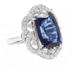 10.80ct Lab Ceylon Blue Sapphire & Natural Diamond 14k Solid White Gold Ring