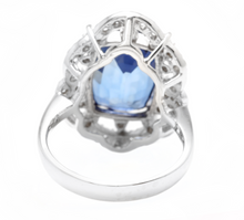 Load image into Gallery viewer, 10.80ct Lab Ceylon Blue Sapphire &amp; Natural Diamond 14k Solid White Gold Ring