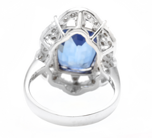 10.80ct Lab Ceylon Blue Sapphire & Natural Diamond 14k Solid White Gold Ring