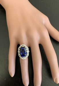10.80ct Lab Ceylon Blue Sapphire & Natural Diamond 14k Solid White Gold Ring
