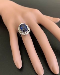 10.80ct Lab Ceylon Blue Sapphire & Natural Diamond 14k Solid White Gold Ring