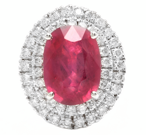 13.50ct Lab Ruby & Natural Diamond 14k Solid White Gold Ring