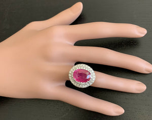 13.50ct Lab Ruby & Natural Diamond 14k Solid White Gold Ring