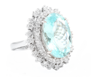 11.60ct Natural Aquamarine and Diamond 14k Solid White Gold Ring