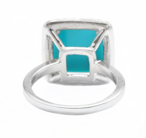 3.60 Carats Natural Turquoise and Diamond 18k Solid White Gold Ring