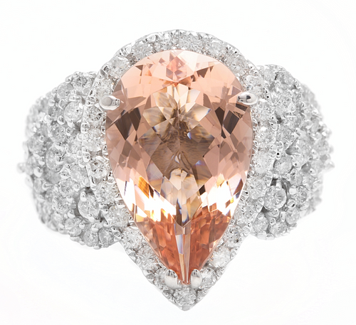 9.00 Carats Natural Morganite and Diamond 18k Solid White Gold Ring