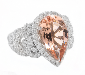 9.00 Carats Natural Morganite and Diamond 18k Solid White Gold Ring
