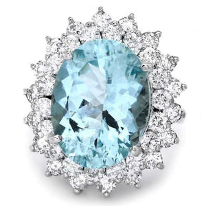 9.80 Carats Natural Aquamarine and Diamond 14K Solid White Gold Ring