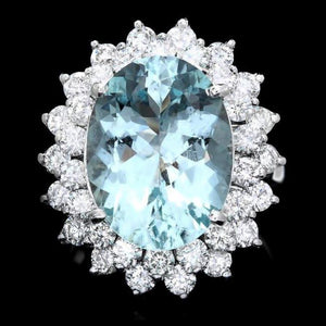 9.80 Carats Natural Aquamarine and Diamond 14K Solid White Gold Ring