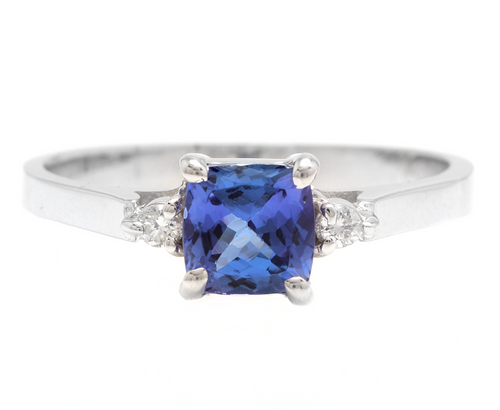 Natural Tanzanite and Diamond 14k Solid White Gold Ring