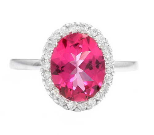 2.45 Carats Natural Pink Topaz and Diamond 14k Solid White Gold Ring