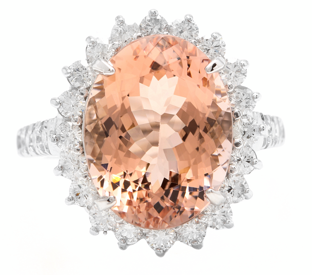 11.10 Carats Natural Morganite and Diamond 14k Solid White Gold Ring