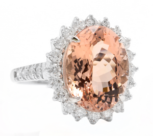 11.10 Carats Natural Morganite and Diamond 14k Solid White Gold Ring