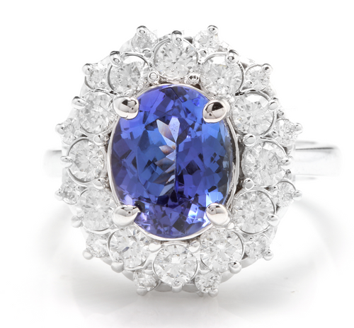 5.30 Carats Natural Tanzanite and Diamond 14k Solid White Gold Ring