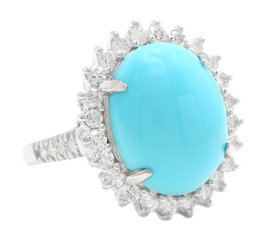 12.30 Carats Natural Turquoise and Diamond 14k Solid White Gold Ring