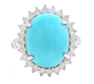12.30 Carats Natural Turquoise and Diamond 14k Solid White Gold Ring