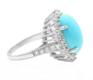 12.30 Carats Natural Turquoise and Diamond 14k Solid White Gold Ring