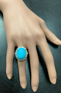 12.30 Carats Natural Turquoise and Diamond 14k Solid White Gold Ring