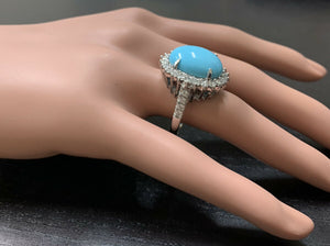 12.30 Carats Natural Turquoise and Diamond 14k Solid White Gold Ring