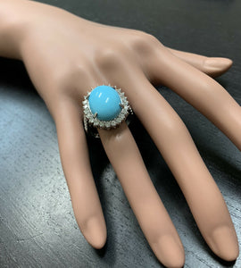 12.30 Carats Natural Turquoise and Diamond 14k Solid White Gold Ring