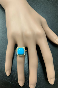3.60 Carats Natural Turquoise and Diamond 14k Solid Yellow Gold Ring