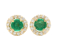 Load image into Gallery viewer, 1.00ct Natural Emerald and Diamond 14k Solid Yellow Gold Earrings