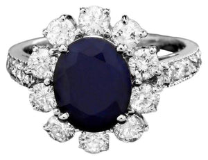 3.90 Carats Natural Blue Sapphire and Diamond 14K Solid White Gold Ring