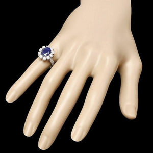 3.90 Carats Natural Blue Sapphire and Diamond 14K Solid White Gold Ring