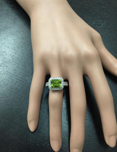 3.75 Carats Natural Very Nice Looking Peridot and Diamond 14K Solid White Gold Ring