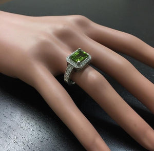 3.75 Carats Natural Very Nice Looking Peridot and Diamond 14K Solid White Gold Ring