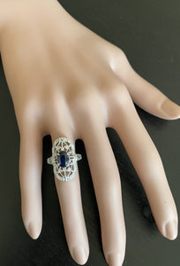 Art Deco Style 2.00ct Natural Sapphire and Diamond 14k Solid White Gold Ring