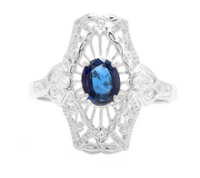 Load image into Gallery viewer, Art Deco Style Natural Sapphire and Diamond 14k Solid White Gold Ring