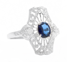 Load image into Gallery viewer, Art Deco Style Natural Sapphire and Diamond 14k Solid White Gold Ring